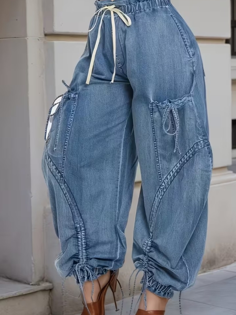 Elastic-Waist Cargo Jogger Jeans - Light Blue